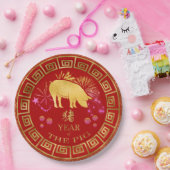 Chinees Zodiac Pig Red/Gold ID542 Papieren Bordje (Feest)