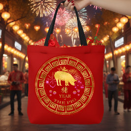 Chinees Zodiac Pig Red/Gold ID542 Tote Bag