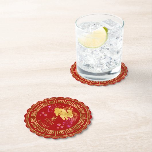 Chinees Zodiac Rabbit Red/Gold ID542 Kartonnen Onderzetters (Insitu)