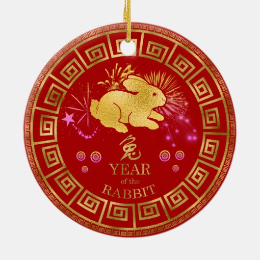 Chinees Zodiac Rabbit Red/Gold ID542 Keramisch Ornament (Achterkant)