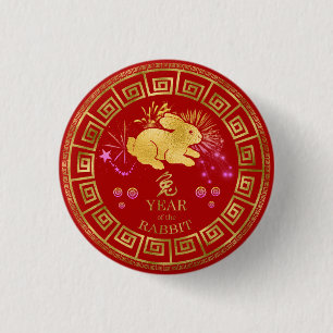 Chinees Zodiac Rabbit Red/Gold ID542 Ronde Button 3,2 Cm