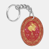 Chinees Zodiac Rabbit Red/Gold ID542 Sleutelhanger (Voorkant Links)
