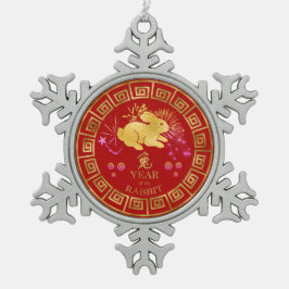 Chinees Zodiac Rabbit Red/Gold ID542 Tin Sneeuwvlok Ornament
