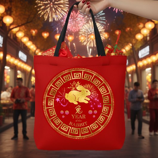 Chinees Zodiac Rabbit Red/Gold ID542 Tote Bag