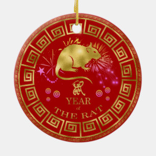 Chinees Zodiac Rat Red/Gold ID542 Keramisch Ornament
