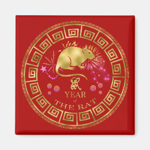 Chinees Zodiac Rat Red/Gold ID542 Magneet