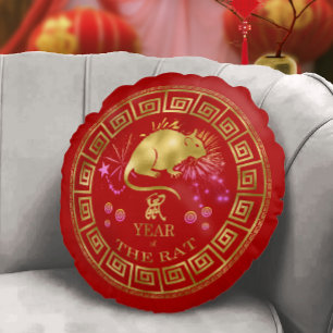 Chinees Zodiac Rat Red/Gold ID542 Rond Kussen