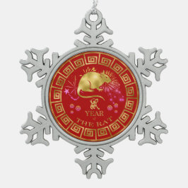 Chinees Zodiac Rat Red/Gold ID542 Tin Sneeuwvlok Ornament
