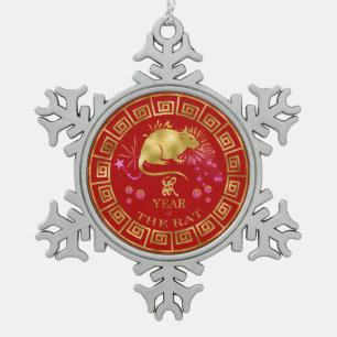Chinees Zodiac Rat Red/Gold ID542 Tin Sneeuwvlok Ornament