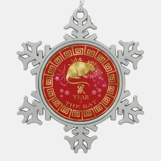 Chinees Zodiac Rat Red/Gold ID542 Tin Sneeuwvlok Ornament (Voorkant)