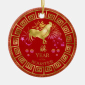 Chinees Zodiac Rooster Red/Gold ID542 Keramisch Ornament (Voorkant)