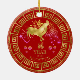 Chinees Zodiac Rooster Red/Gold ID542 Keramisch Ornament