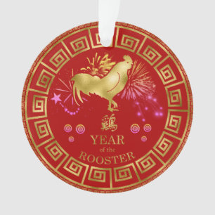 Chinees Zodiac Rooster Red/Gold ID542 Ornament