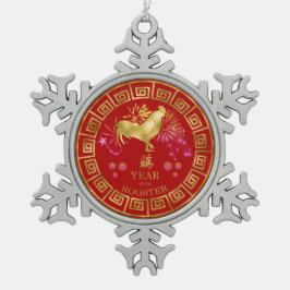 Chinees Zodiac Rooster Red/Gold ID542 Tin Sneeuwvlok Ornament