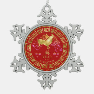 Chinees Zodiac Rooster Red/Gold ID542 Tin Sneeuwvlok Ornament