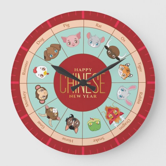 Chinees zodion met schattige karakters Wall Clock Grote Klok (Voorkant)