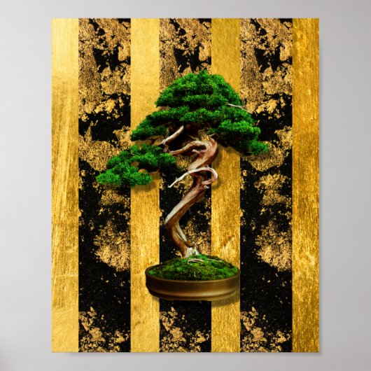 Chinese Asian Bonsai Tree Green Gold Black afdrukk Poster (Voorkant)