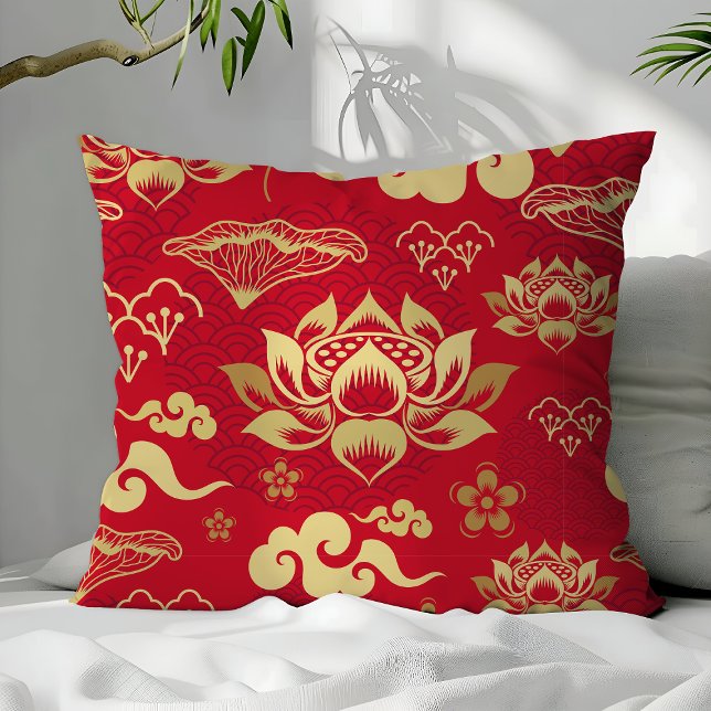Chinese Aziatisch Oosterling Rode Gouden Lotus Pat Kussen (Creator heeft geüpload)