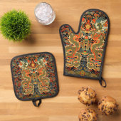 Chinese Aziatische draak kleurrijke kunst Ovenwant & Pannenlap Set (Top down)