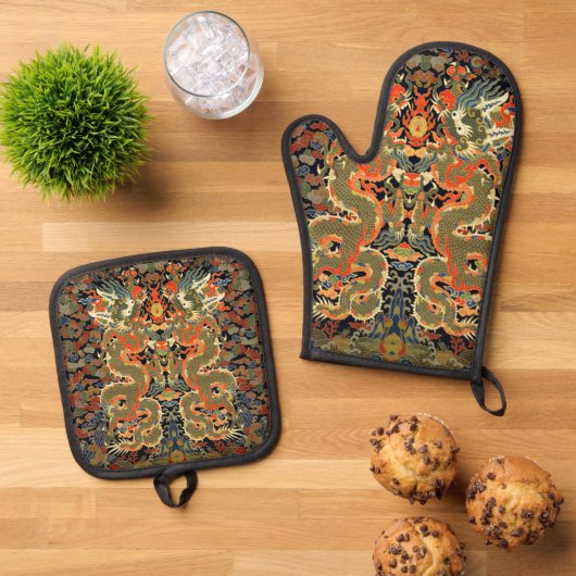 Chinese Aziatische draak kleurrijke kunst Ovenwant & Pannenlap Set (Top down)