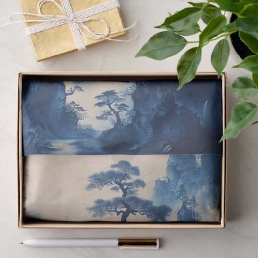 Chinese blauwe inkt schilderij boom decoupage tissuepapier (Geschenk)