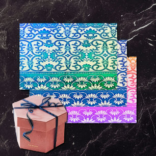 Chinese bloem in blauw-groen-tropische kleuren inpakpapier vel