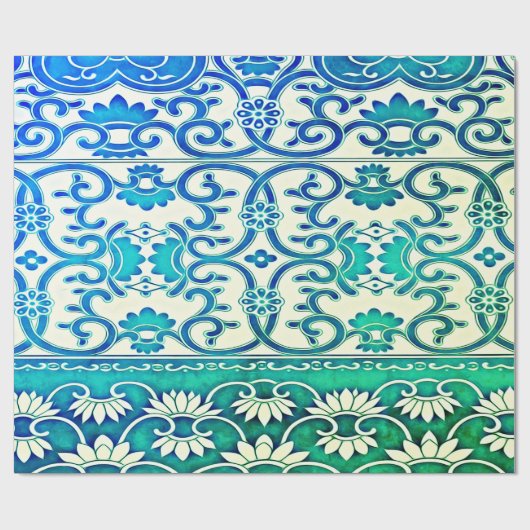 Chinese bloemen in blauw-groen cadeaupapier (Vlak)