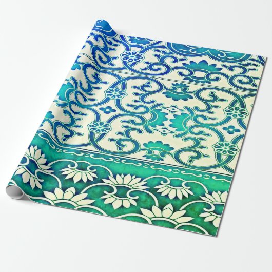 Chinese bloemen in blauw-groen cadeaupapier (Uitgerold)