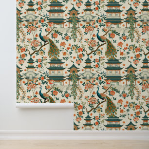 Chinese Bloemen Peacoock Elegant Behang