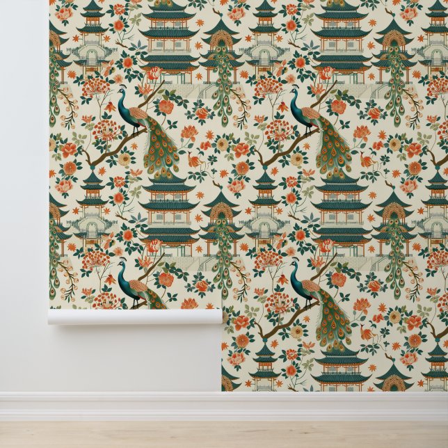 Chinese Bloemen Peacoock Elegant Behang (Applicatie)