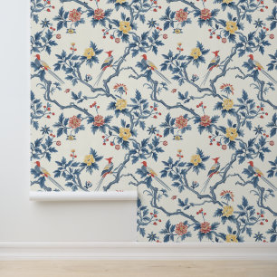 Chinese Bloemenvogel Blauw Elegant Behang