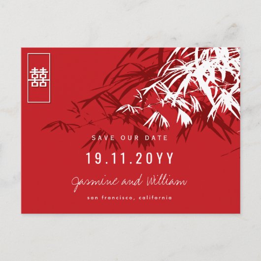 Chinese bruiloft Bamboo Zen Modern redt de datum Aankondigingskaart (Voorkant)