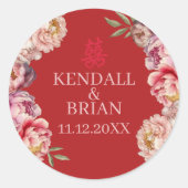 Chinese bruiloft Bright Red Peony Ronde Sticker (Voorkant)