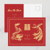 Chinese bruiloft Dragon-Phoenix Double Xi Red Gold Aankondigingskaart (Voorkant / Achterkant)