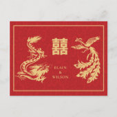 Chinese bruiloft Dragon-Phoenix Double Xi Red Gold Aankondigingskaart (Voorkant)