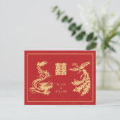 Chinese bruiloft Dragon-Phoenix Double Xi Red Gold Aankondigingskaart (Staand voorkant)