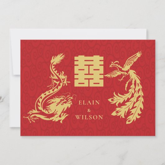 Chinese bruiloft Dragon-Phoenix Double Xi Red Gold Kaart (Voorkant)