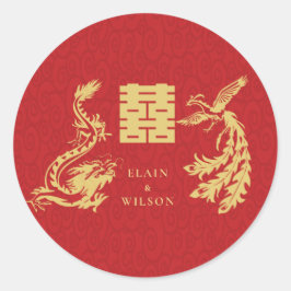 Chinese bruiloft Dragon-Phoenix Double Xi Red Gold Ronde Sticker