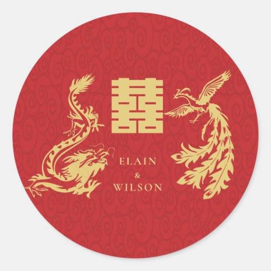 Chinese bruiloft Dragon-Phoenix Double Xi Red Gold Ronde Sticker (Voorkant)