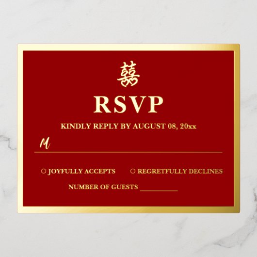 Chinese bruiloft dubbel geluk hart rsvp kaart (Voorkant)