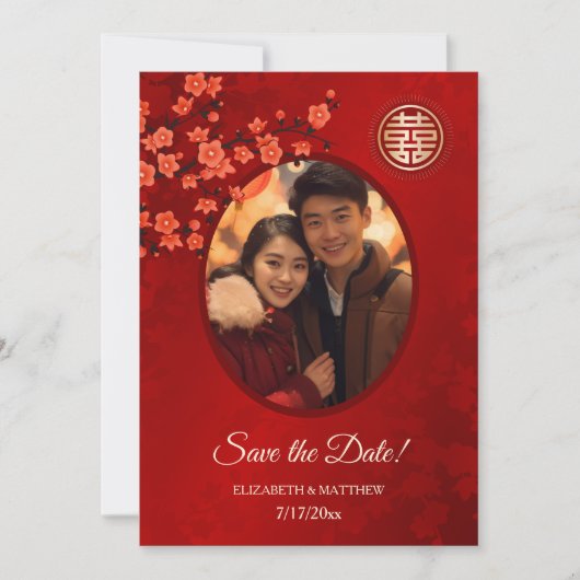 Chinese bruiloft dubbelgeluk foto redt de Da Save The Date (Voorkant)