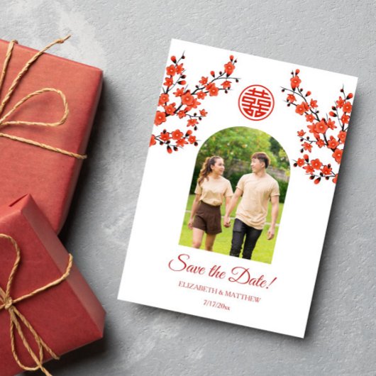 Chinese bruiloft dubbelgeluk foto redt de Da Save The Date