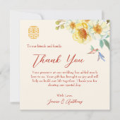 Chinese bruiloft gele bloemenvogel elegant bedankkaart (Voorkant)