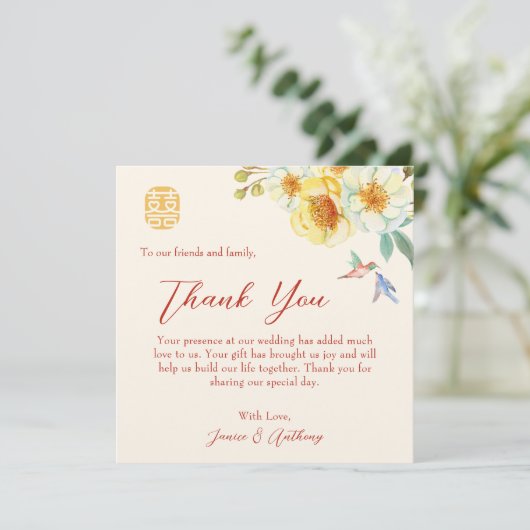 Chinese bruiloft gele bloemenvogel elegant bedankkaart (Staand voorkant)
