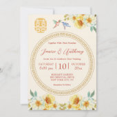Chinese bruiloft gele bloemenvogel elegant kaart (Voorkant)
