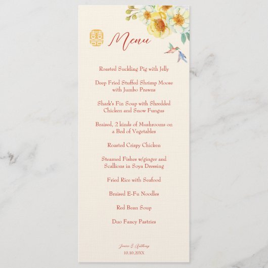 Chinese bruiloft gele bloemenvogel elegant menu (Voorkant)