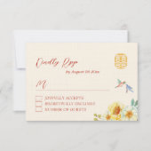 Chinese bruiloft gele bloemenvogel elegant RSVP kaartje (Voorkant)