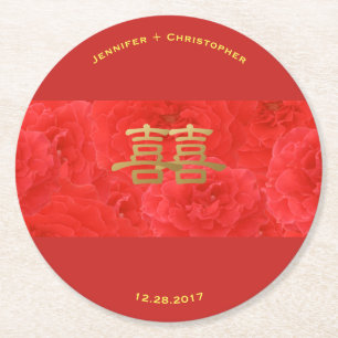 Chinese bruiloft Red Rose Double Happiness Custom Ronde Kartonnen Onderzetter