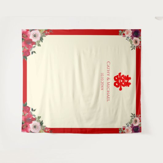 Chinese bruiloft rode bloementhee ceremonie achter wandkleed (Voorkant (horizontaal))