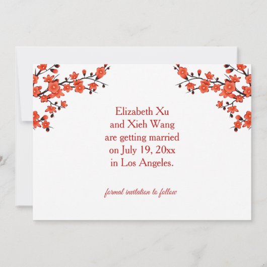 Chinese bruiloft rode kersenbloesem wit save the date (Achterkant)